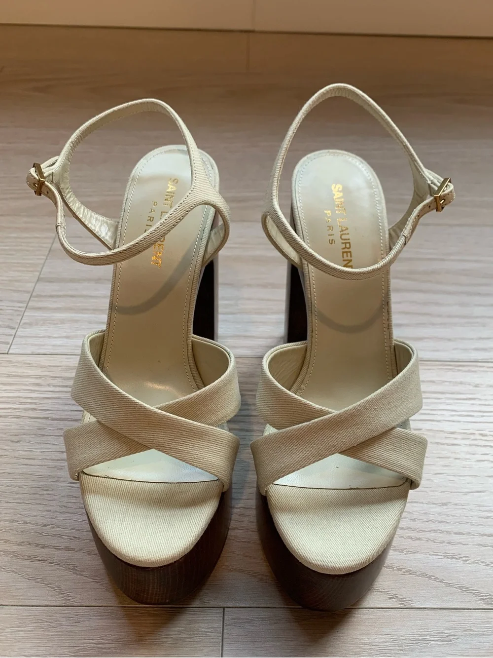 Saint Laurent Bianca Beige Canvas and Wood Platform Sandal NWT Size 37.5 IT - Picture 4 of 13